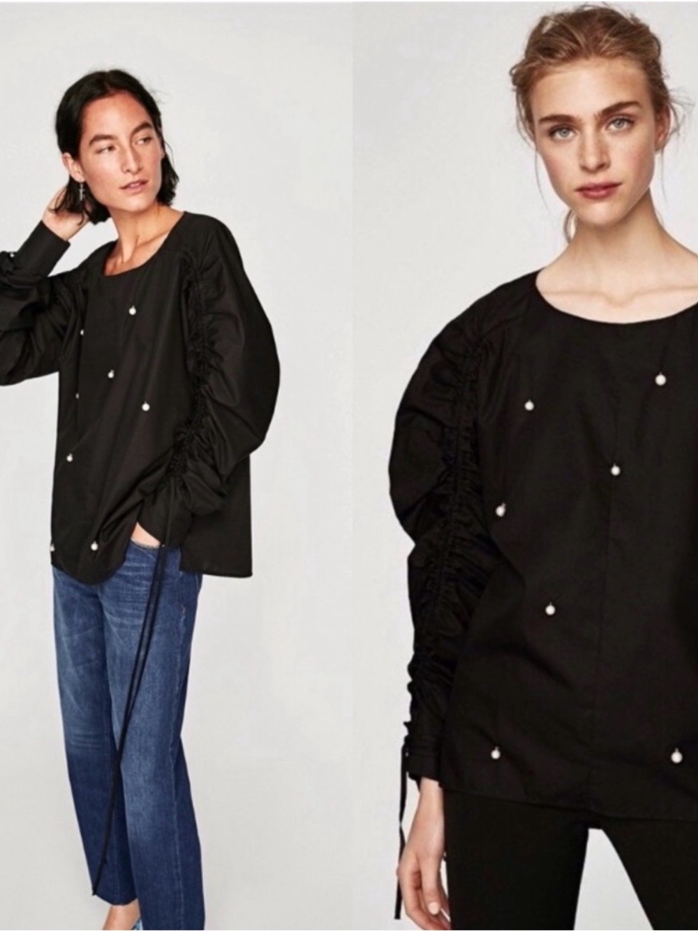 Zara Black Pearl-Detail Ruched Sleeve Blouse